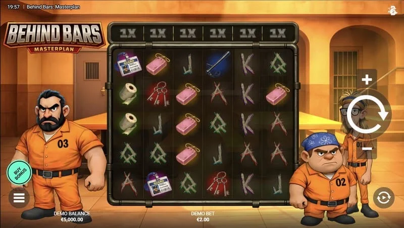 Behind Bars Masterplan - spēles ekrāns ar 6x5 ruļļiem un vertikālo koeficientiem