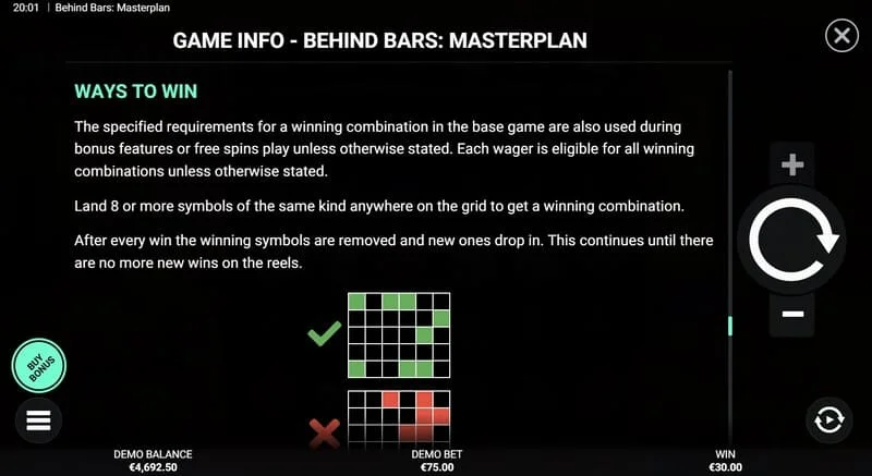 Behind Bars Masterplan - laimestu līniju un kombināciju kopsavilkums